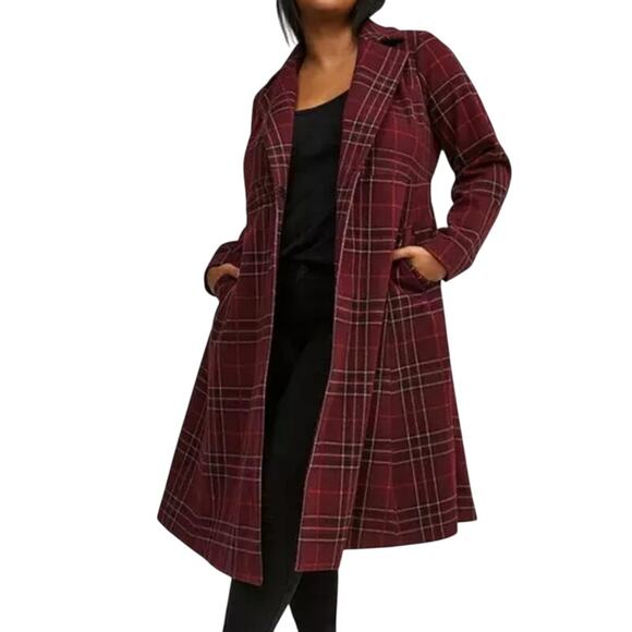 Torrid Softest Tie Front Coat Study Plaid Winetasting Women's Size 1X NWT - Picture 1 of 11